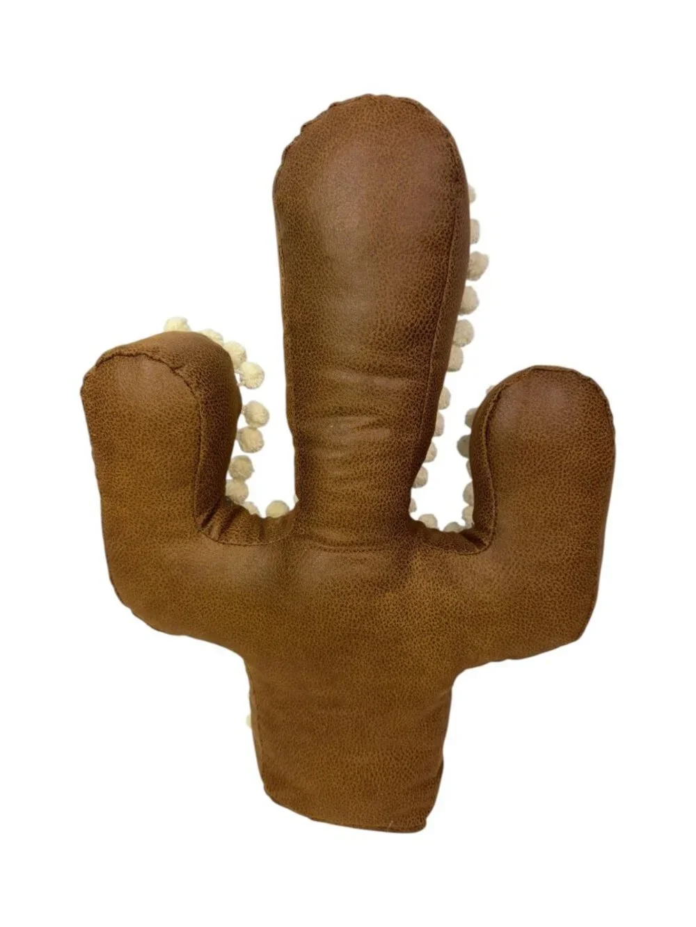 Southwestern Cactus Shaped Pillow Brown Pom Pom Button Rustic Boho 19x14